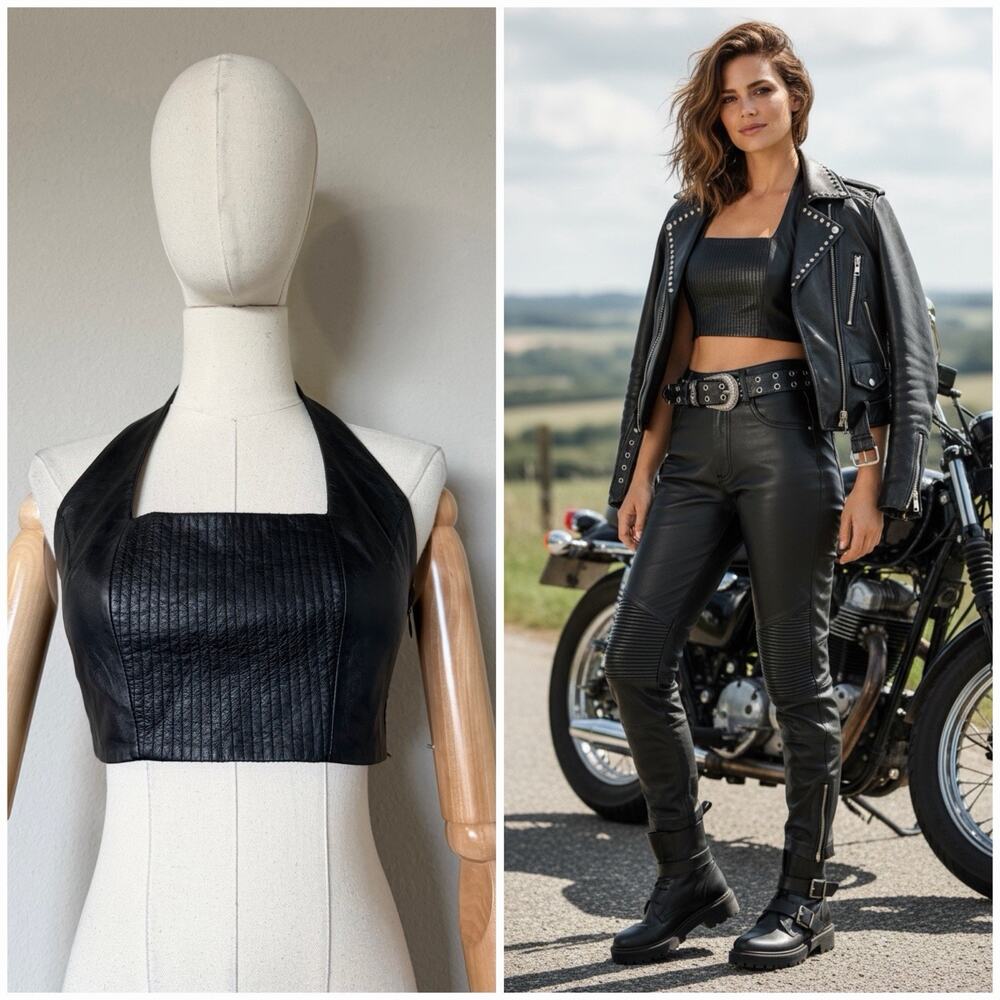 VTG Express Genuine Leather Black Halter Crop Top Lace Up Back Women’s Sz 3/4